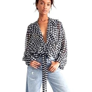 Free People Picnic Plaid Gingham Tie Front Shirt Shrug